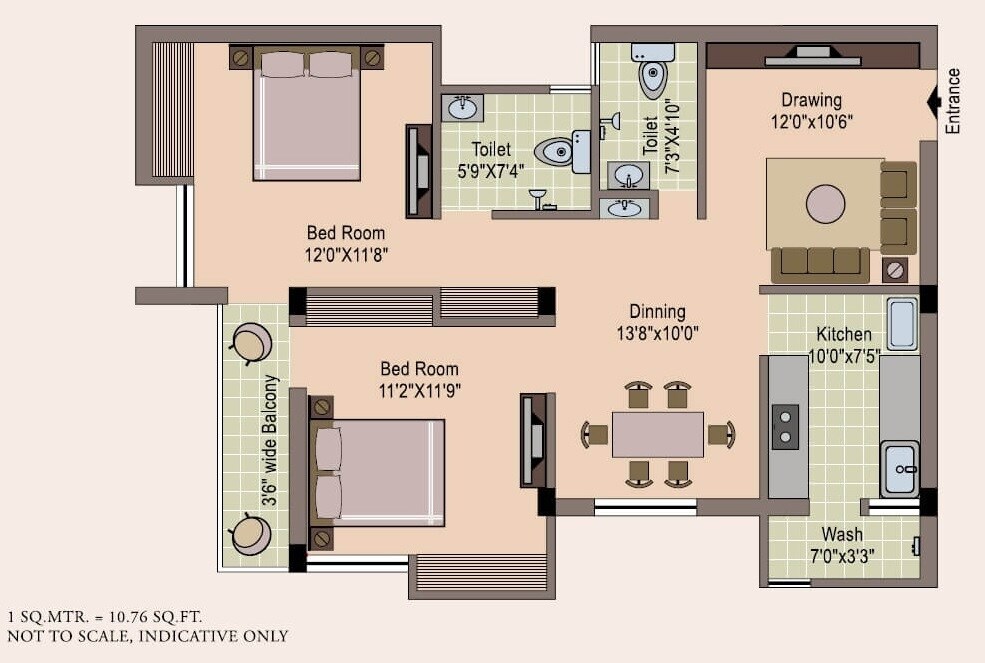 Floor plan of 2 BHK 770 Sq. Ft. Apartment in Gulmohar Courts, Bhubaneswar