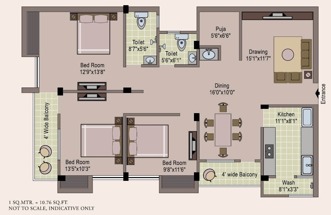 Floor plan of 3 BHK 1140 Sq. Ft. Apartment in Gulmohar Courts, Bhubaneswar