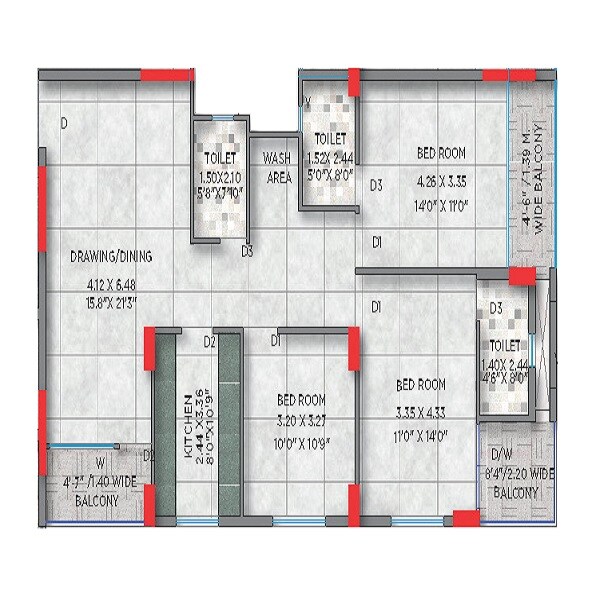 Floor plan of 3 BHK 1690 Sq. Ft. Apartment in Motwani GM Terrace, Bhubaneswar