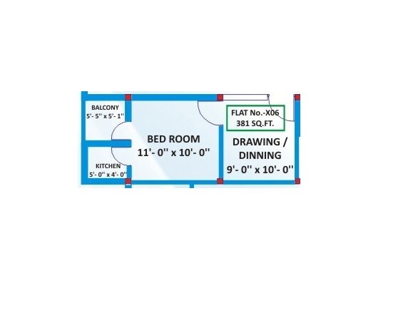 Floor plan of 1 BHK 382 Sq. Ft. Apartment in Penguin Tower, Bhubaneswar