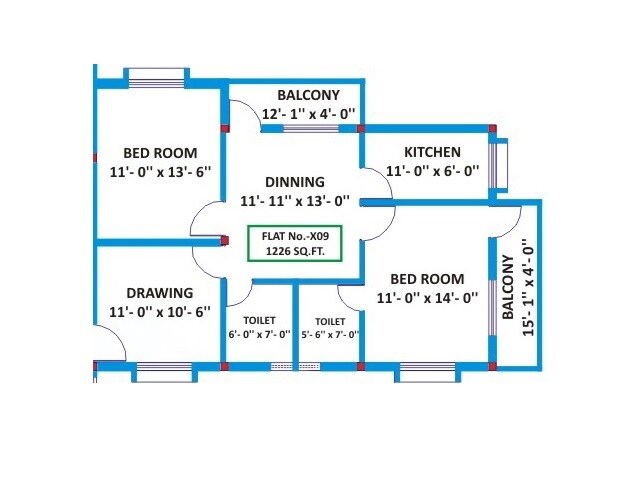 Floor plan of 2 BHK 1226 Sq. Ft. Apartment in Penguin Tower, Bhubaneswar