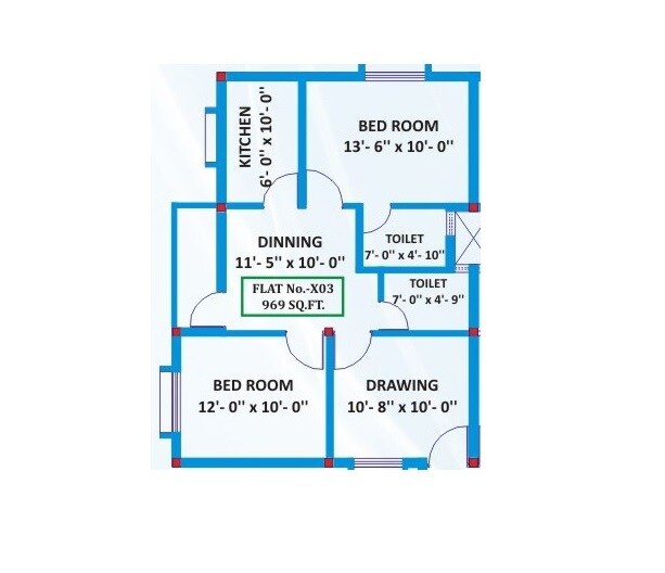 Floor plan of 2 BHK 969 Sq. Ft. Apartment in Penguin Tower, Bhubaneswar