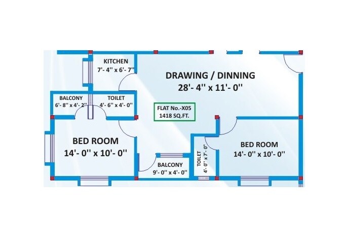 Floor plan of 2 BHK 1418 Sq. Ft. Apartment in Penguin Tower, Bhubaneswar