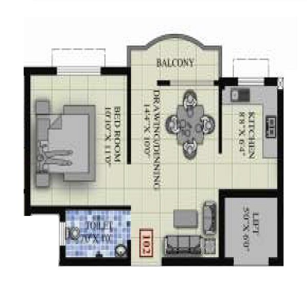 Floor plan of 1 BHK Apartment - 588 sq. ft. in Sai Roshan Sabita Residency, Bhubaneswar