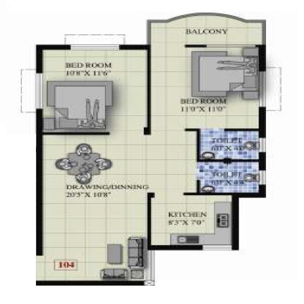 Floor plan of 2 BHK Apartment - 1014 sq. ft. in Sai Roshan Sabita Residency, Bhubaneswar