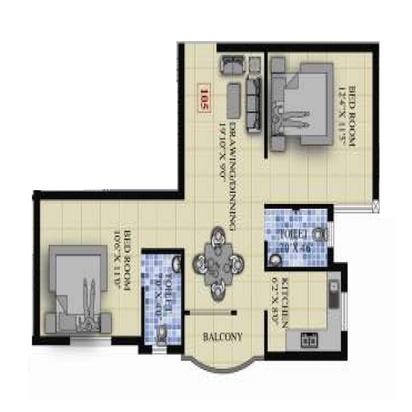 Floor plan of 2 BHK Apartment - 892 sq. ft. in Sai Roshan Sabita Residency, Bhubaneswar