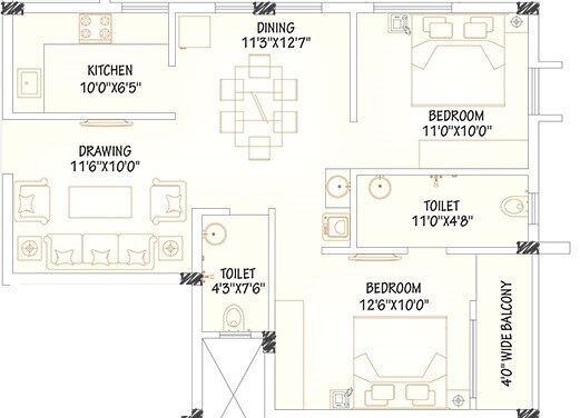 Floor plan of 2 BHK 1150 Sq. Ft. Apartment in Surekha Niwas, Bhubaneswar