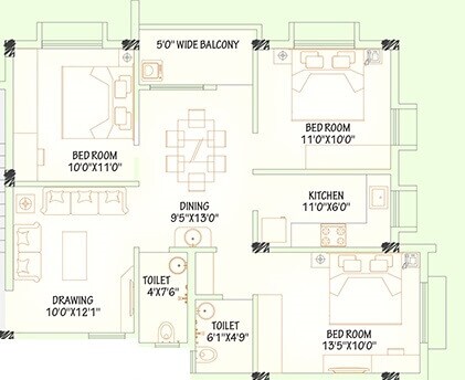Floor plan of 3 BHK 1330 Sq. Ft. Apartment in Surekha Niwas, Bhubaneswar