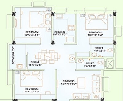 Floor plan of 3 BHK 1380 Sq. Ft. Apartment in Surekha Niwas, Bhubaneswar