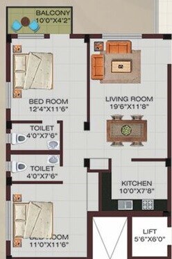 Floor plan of 2 BHK 1000 Sq. Ft. Apartment in Swastik The Landmark, Bhubaneswar