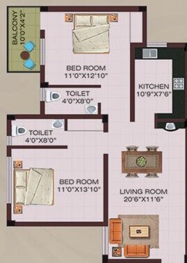 Floor plan of 2 BHK 1100 Sq. Ft. Apartment in Swastik The Landmark, Bhubaneswar