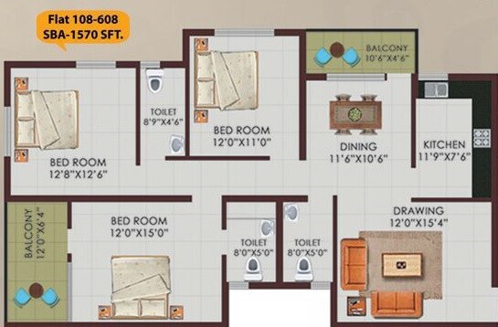 Floor plan of 3 BHK 1570 Sq. Ft. Apartment in Swastik The Landmark, Bhubaneswar