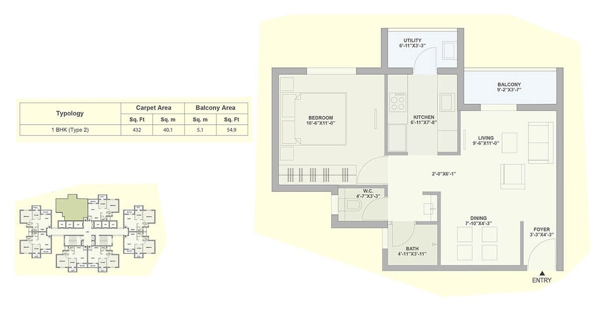 Floor plan of 1 BHK 482 Sq. Ft. Apartment in Tata Ariana, Bhubaneswar
