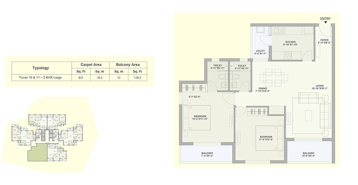 Floor plan of 2 BHK 950 Sq. Ft. Apartment in Tata Ariana, Bhubaneswar