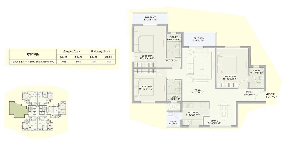 Floor plan of 3 BHK 1152 Sq. Ft. Apartment in Tata Ariana, Bhubaneswar