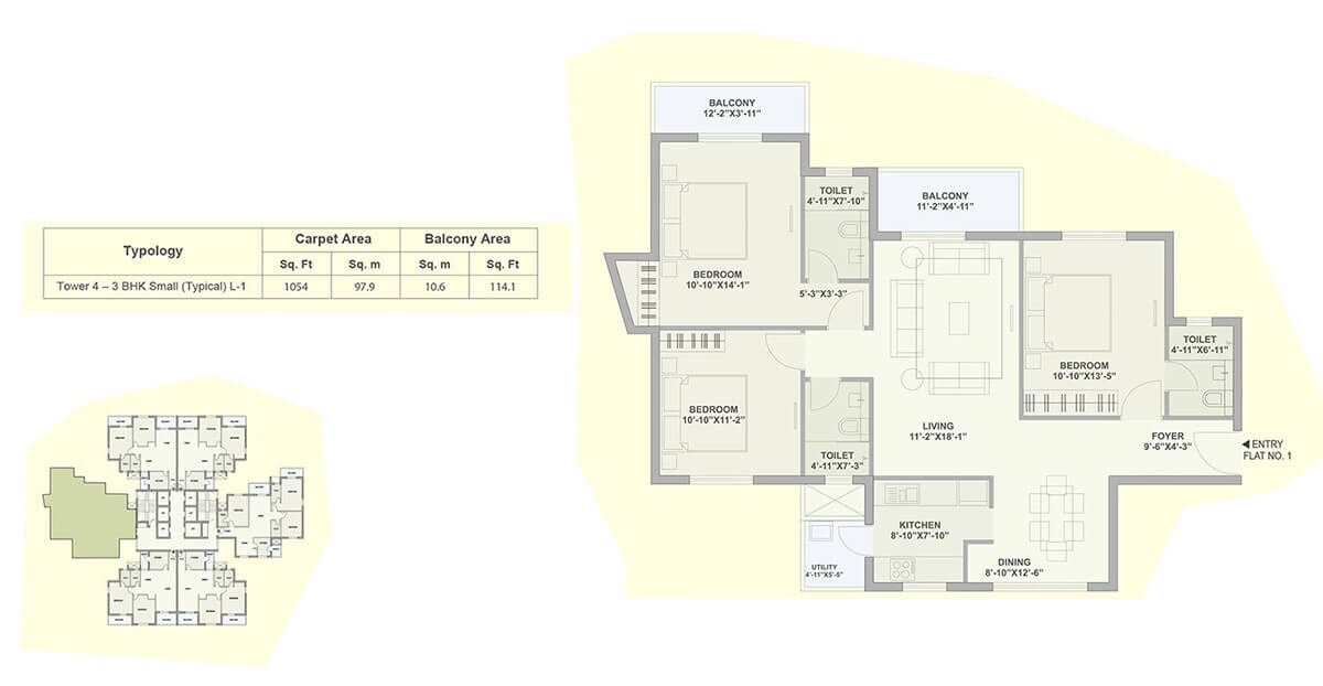 Floor plan of 3 BHK 1168 Sq. Ft. Apartment in Tata Ariana, Bhubaneswar