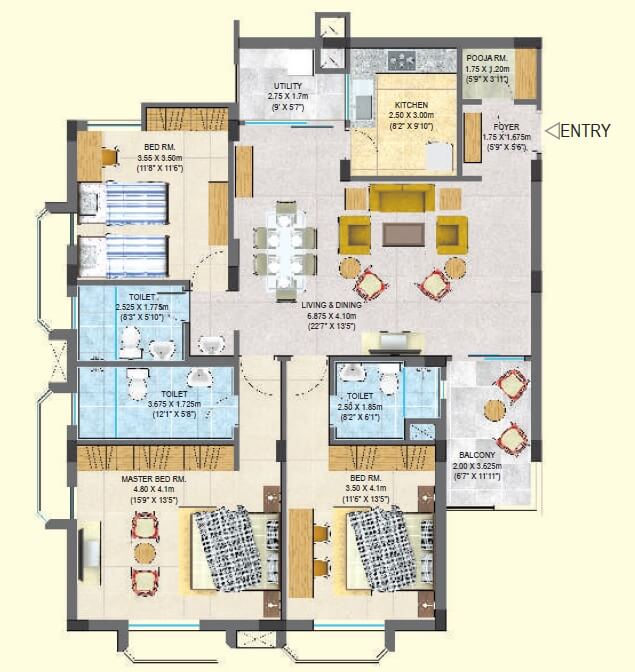 Floor plan of 3 BHK 1695 Sq. Ft. Apartment in Varsatile Palm Avenue Phase I, Bhubaneswar