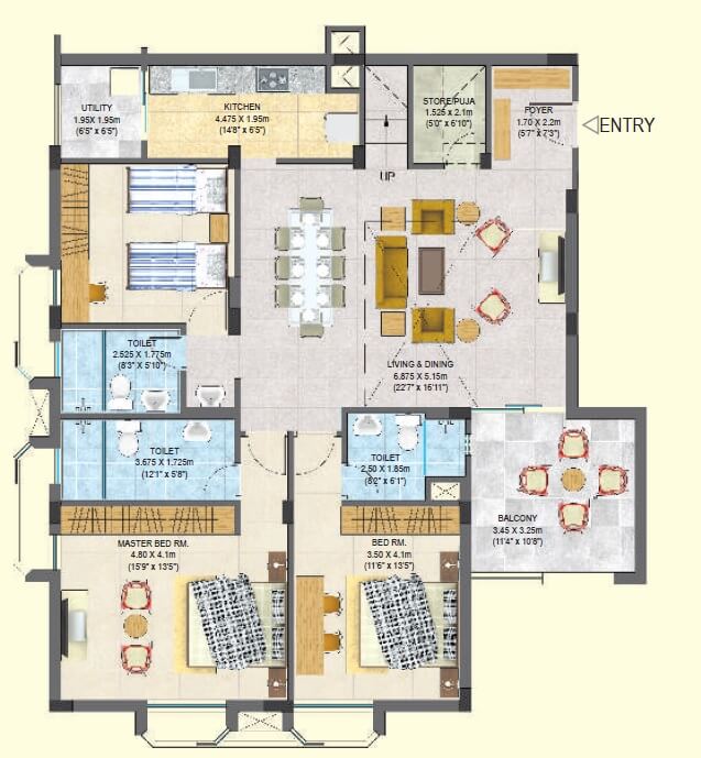 Floor plan of 3 BHK 2232 Sq. Ft. Apartment in Varsatile Palm Avenue Phase I, Bhubaneswar