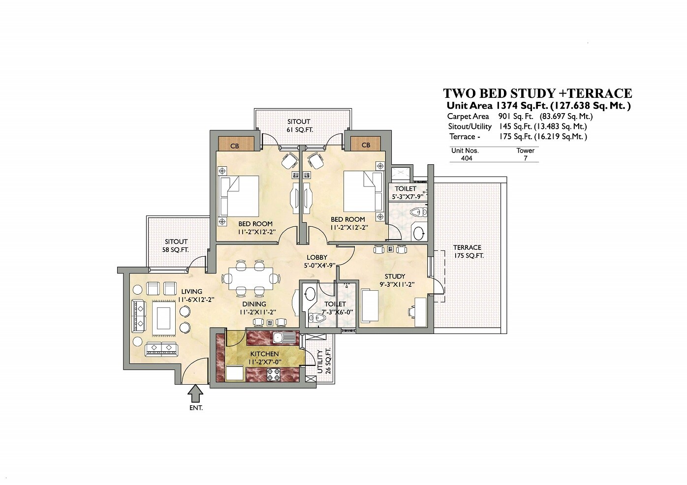Floor plan of 2 BHK 901 Sq. Ft. Apartment in Vipul Gardens Kalinga Nagar, Bhubaneswar