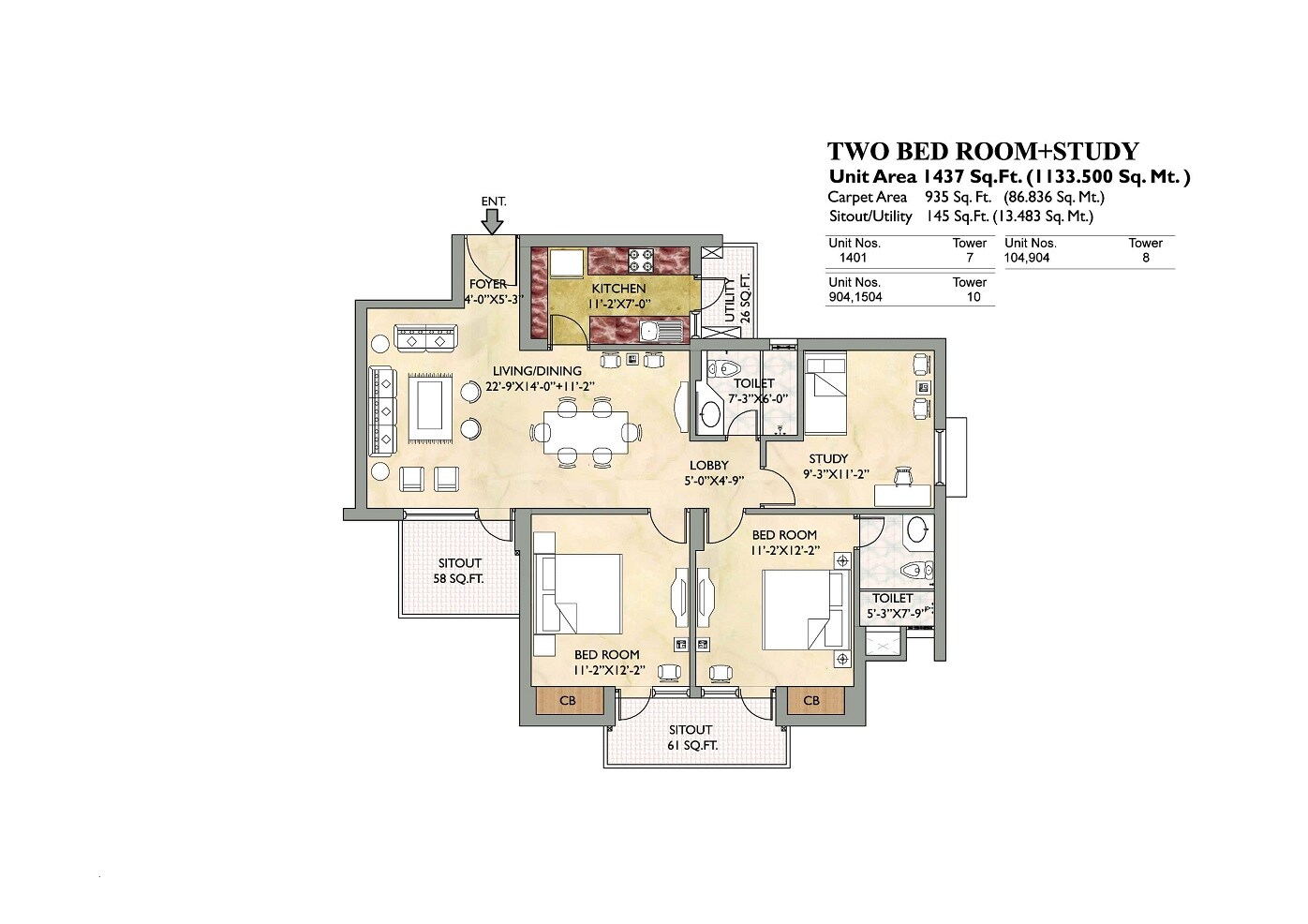 Floor plan of 2 BHK 935 Sq. Ft. Apartment in Vipul Gardens Kalinga Nagar, Bhubaneswar
