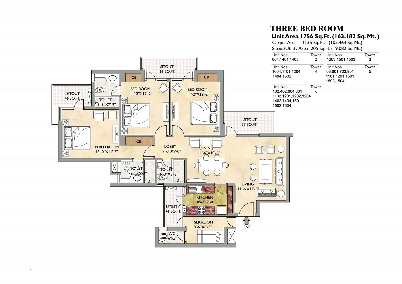 Floor plan of 3 BHK 1135 Sq. Ft. Apartment in Vipul Gardens Kalinga Nagar, Bhubaneswar