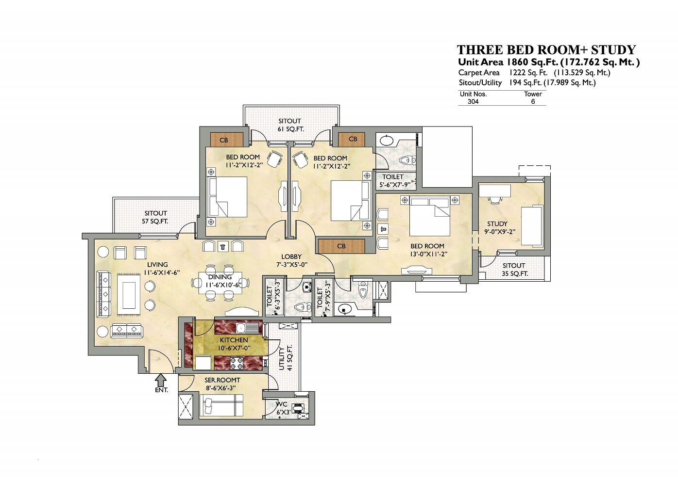Floor plan of 3 BHK 1222 Sq. Ft. Apartment in Vipul Gardens Kalinga Nagar, Bhubaneswar
