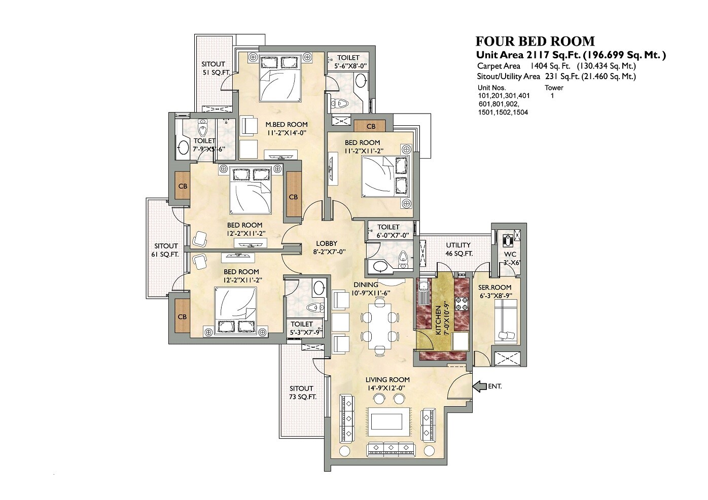 Floor plan of 4 BHK 1404 Sq. Ft. Apartment in Vipul Gardens Kalinga Nagar, Bhubaneswar