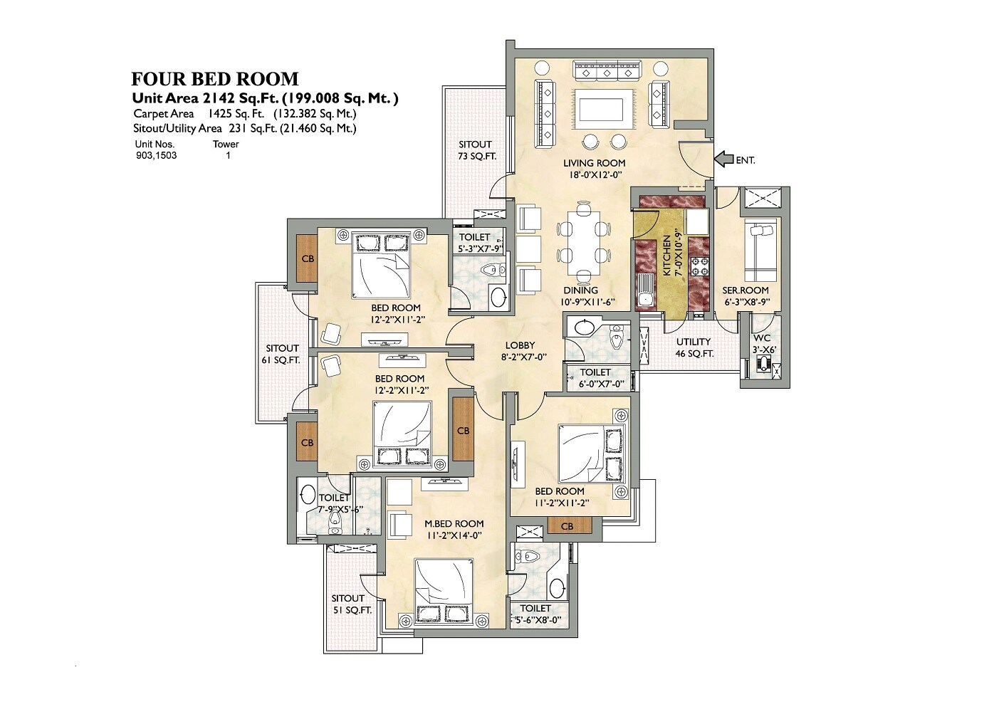 Floor plan of 4 BHK 1425 Sq. Ft. Apartment in Vipul Gardens Kalinga Nagar, Bhubaneswar