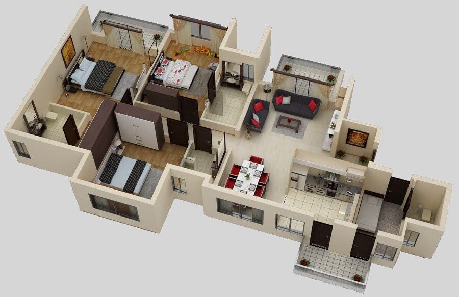 Floor plan of 3 BHK 2245 Sq. Ft. Apartment in ACME Eden Court, Chandigarh