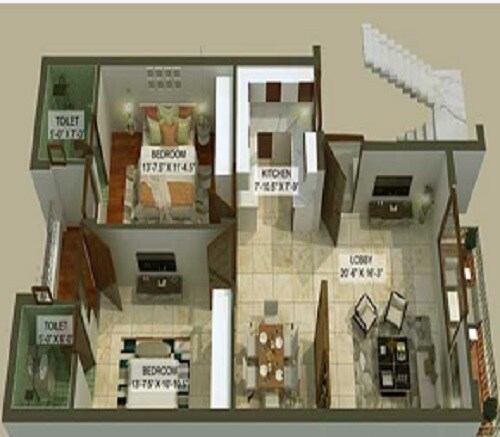 Floor plan of 2 BHK 1170 Sq. Ft. Apartment in Aero Smart Homes, Chandigarh
