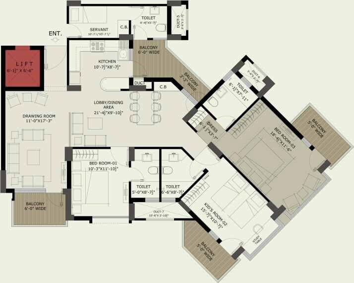 Floor plan of 3 BHK 2061 Sq. Ft. Apartment in Altus Space Palencia 91, Chandigarh