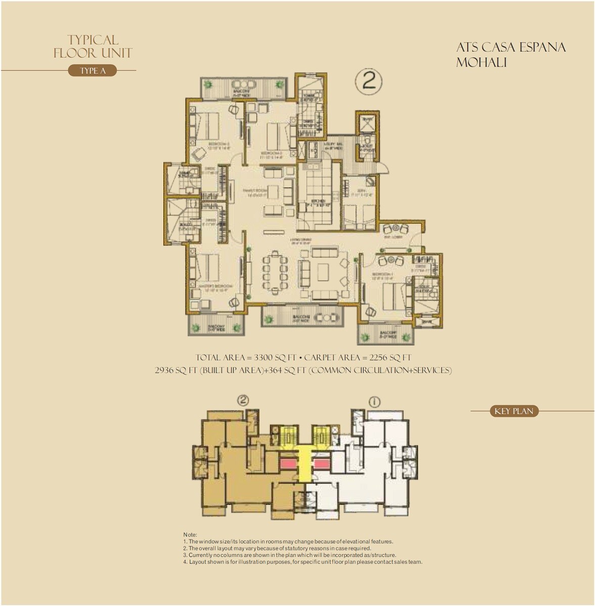 Floor plan of 4 BHK 3300 Sq. Ft. Apartment in ATS Casa Espana Apartment, Chandigarh