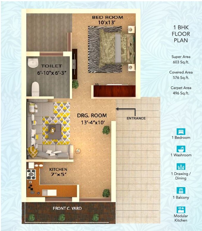 Floor plan of 1 BHK 603 Sq. Ft. Villa in Balaji Homes Mohali, Chandigarh