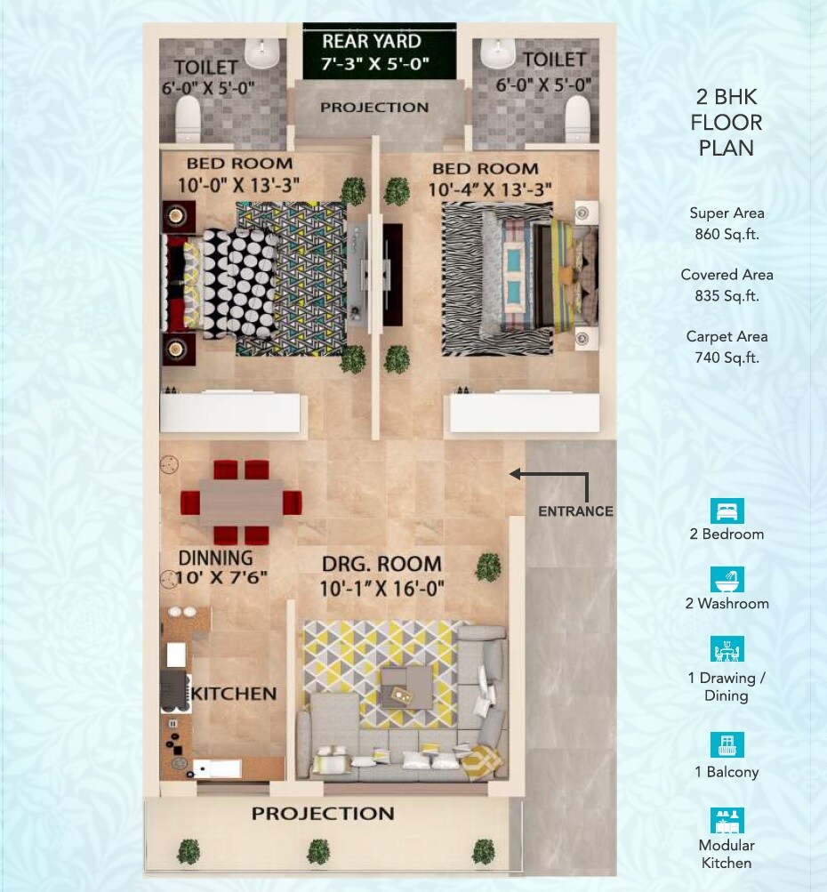 Floor plan of 2 BHK 860 Sq. Ft. Villa in Balaji Homes Mohali, Chandigarh