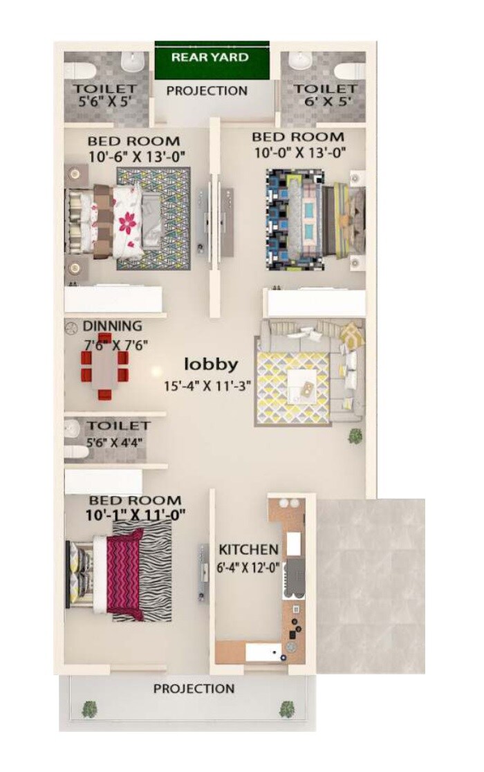 Floor plan of 3 BHK 1056 Sq. Ft. Villa in Balaji Homes Mohali, Chandigarh