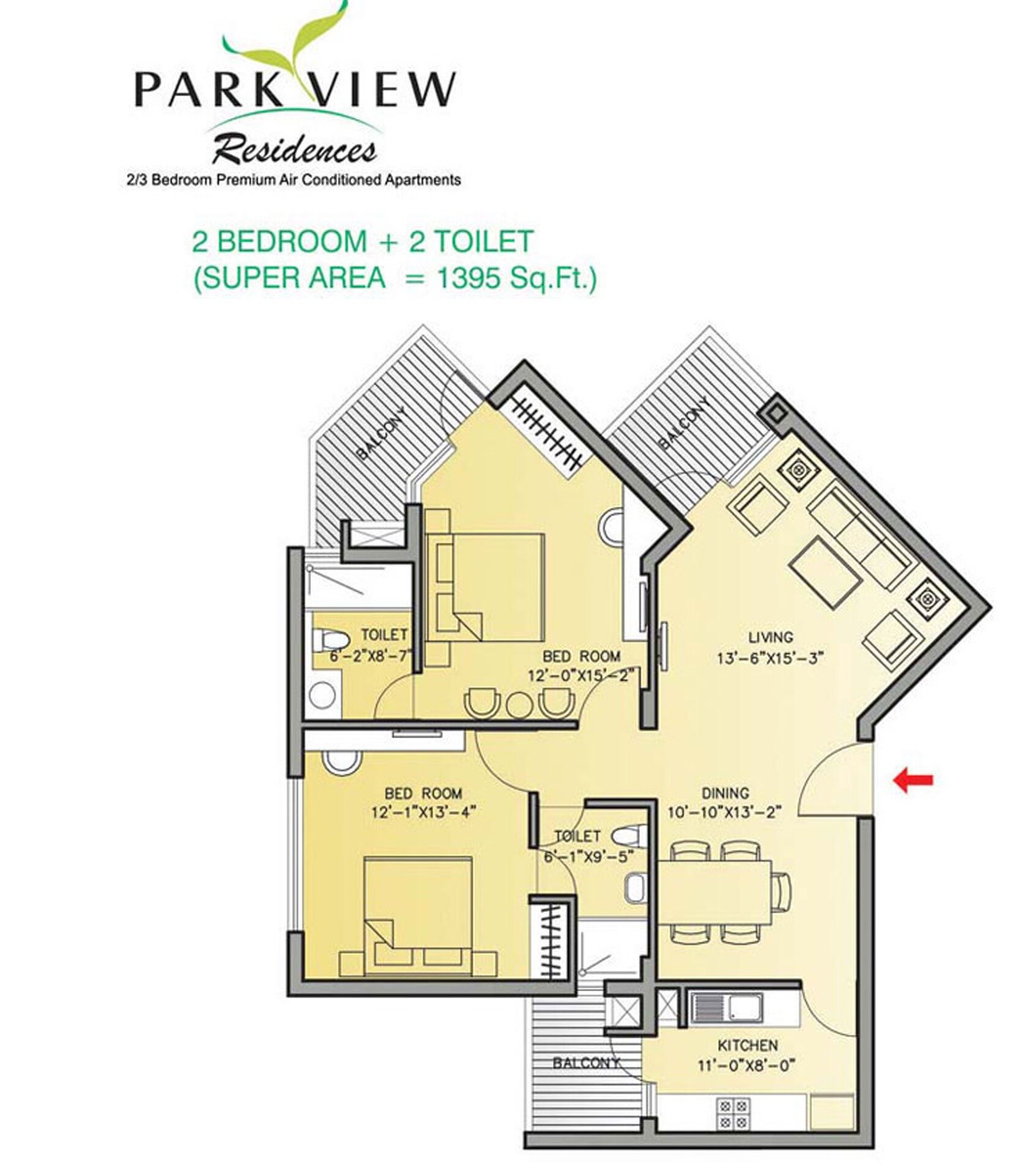 Floor plan of 2 BHK 1395 Sq. Ft. Apartment in Bestech Park View Residency Mohali, Chandigarh