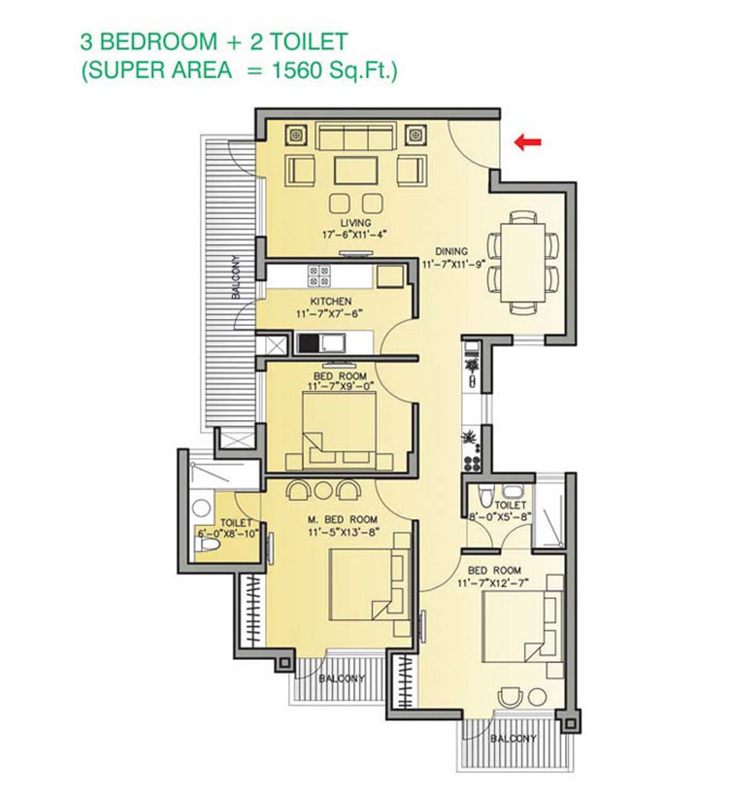 Floor plan of 3 BHK 1560 Sq. Ft. Apartment in Bestech Park View Residency Mohali, Chandigarh