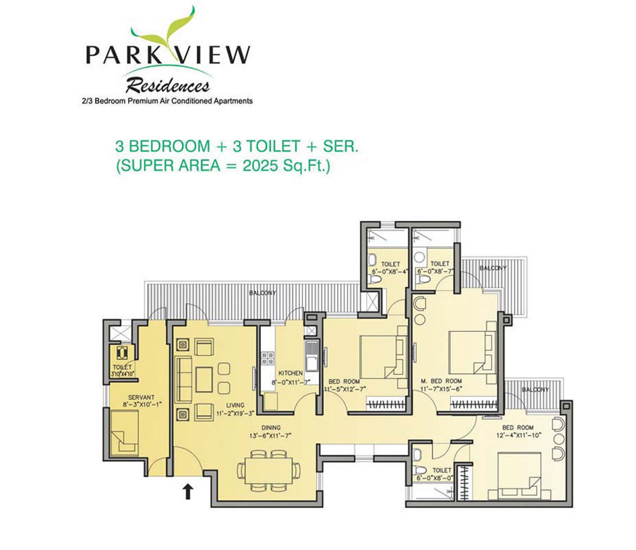 Floor plan of 3 BHK 2025 Sq. Ft. Apartment in Bestech Park View Residency Mohali, Chandigarh