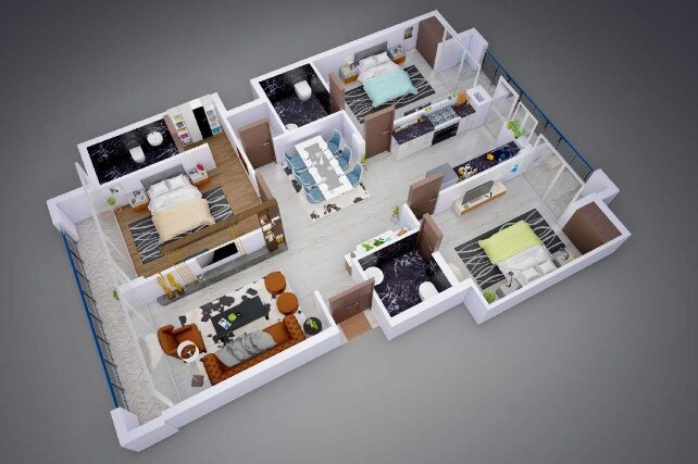 Floor plan of 3 BHK 2043 Sq. Ft. Apartment in Bollywood Green City, Chandigarh