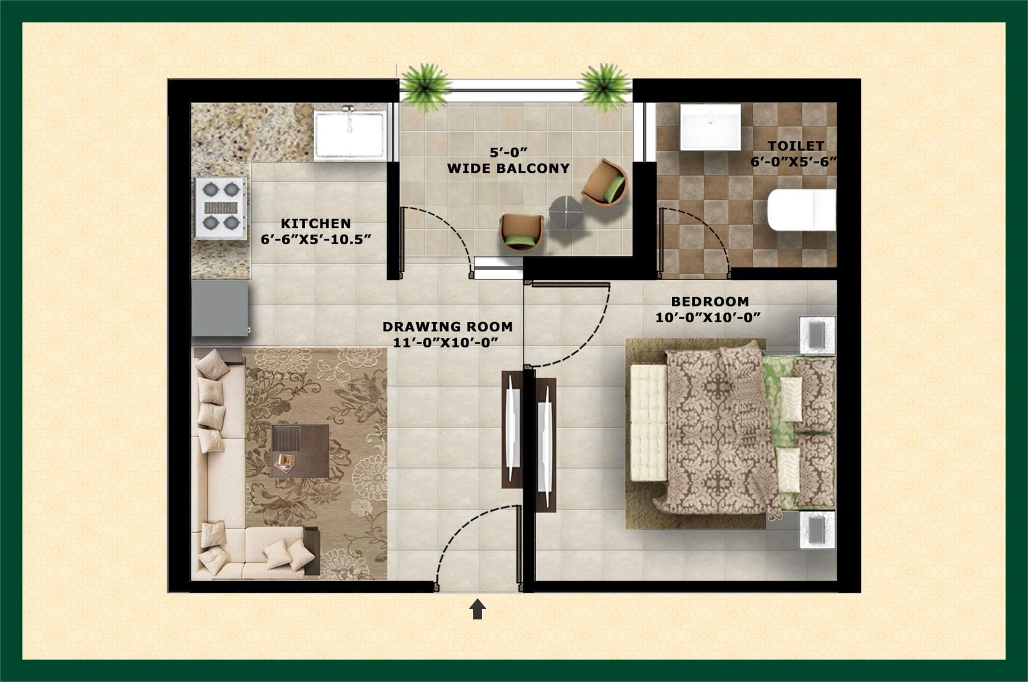 Floor plan of 1 BHK 540 Sq. Ft. Apartment in City Of Dreams, Chandigarh