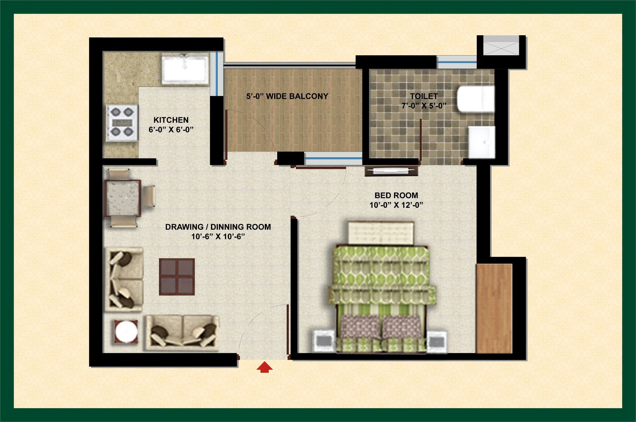 Floor plan of 1 BHK 640 Sq. Ft. Apartment in City Of Dreams, Chandigarh