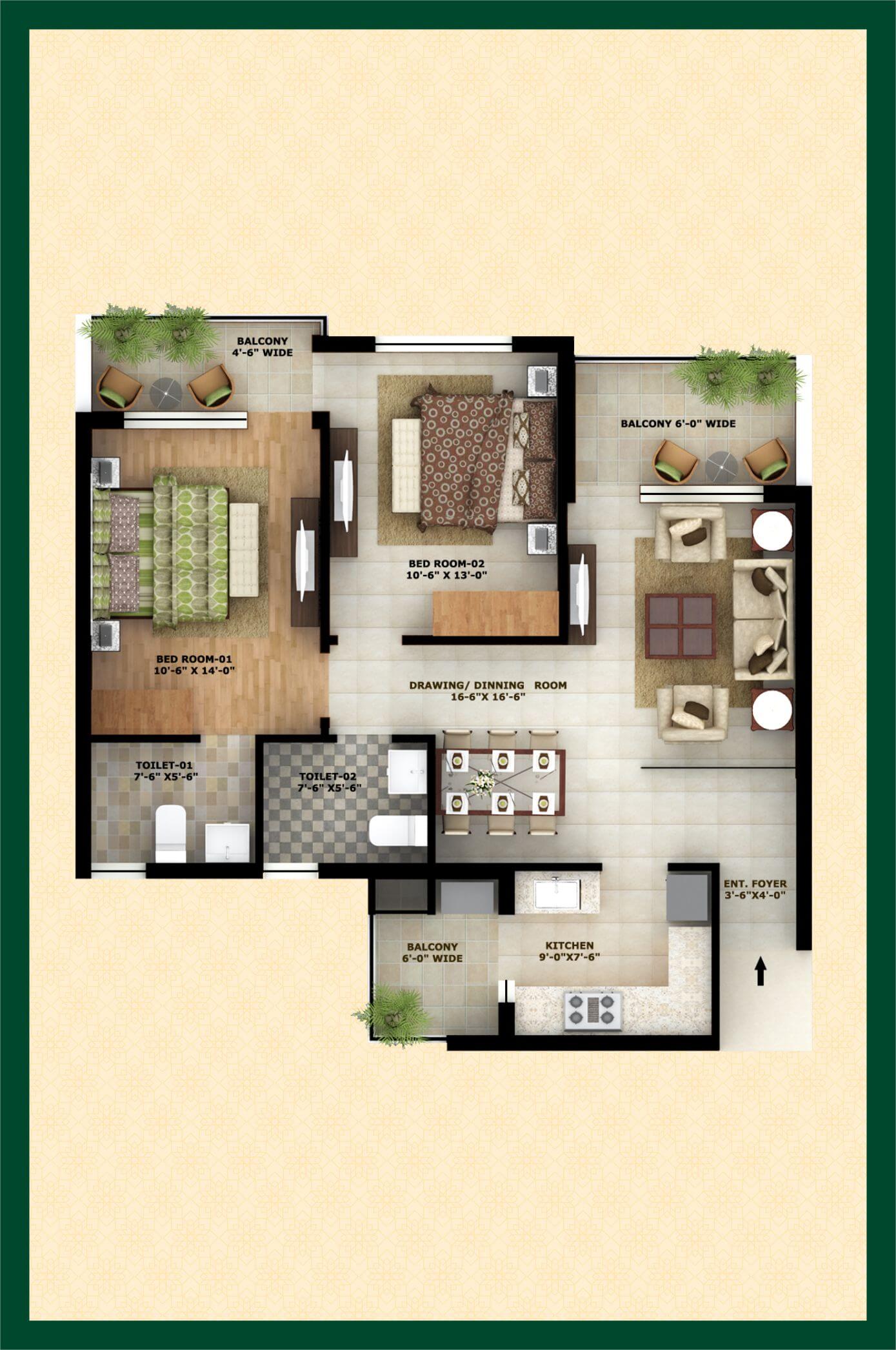 Floor plan of 2 BHK 1308 Sq. Ft. Apartment in City Of Dreams, Chandigarh