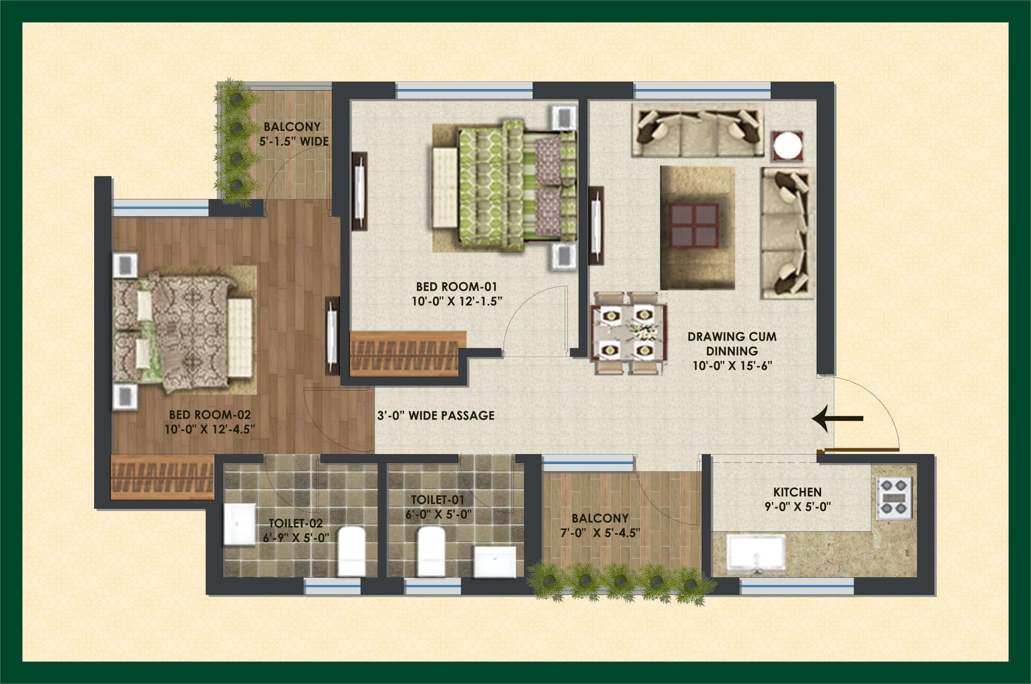 Floor plan of 2 BHK 780 Sq. Ft. Apartment in City Of Dreams, Chandigarh
