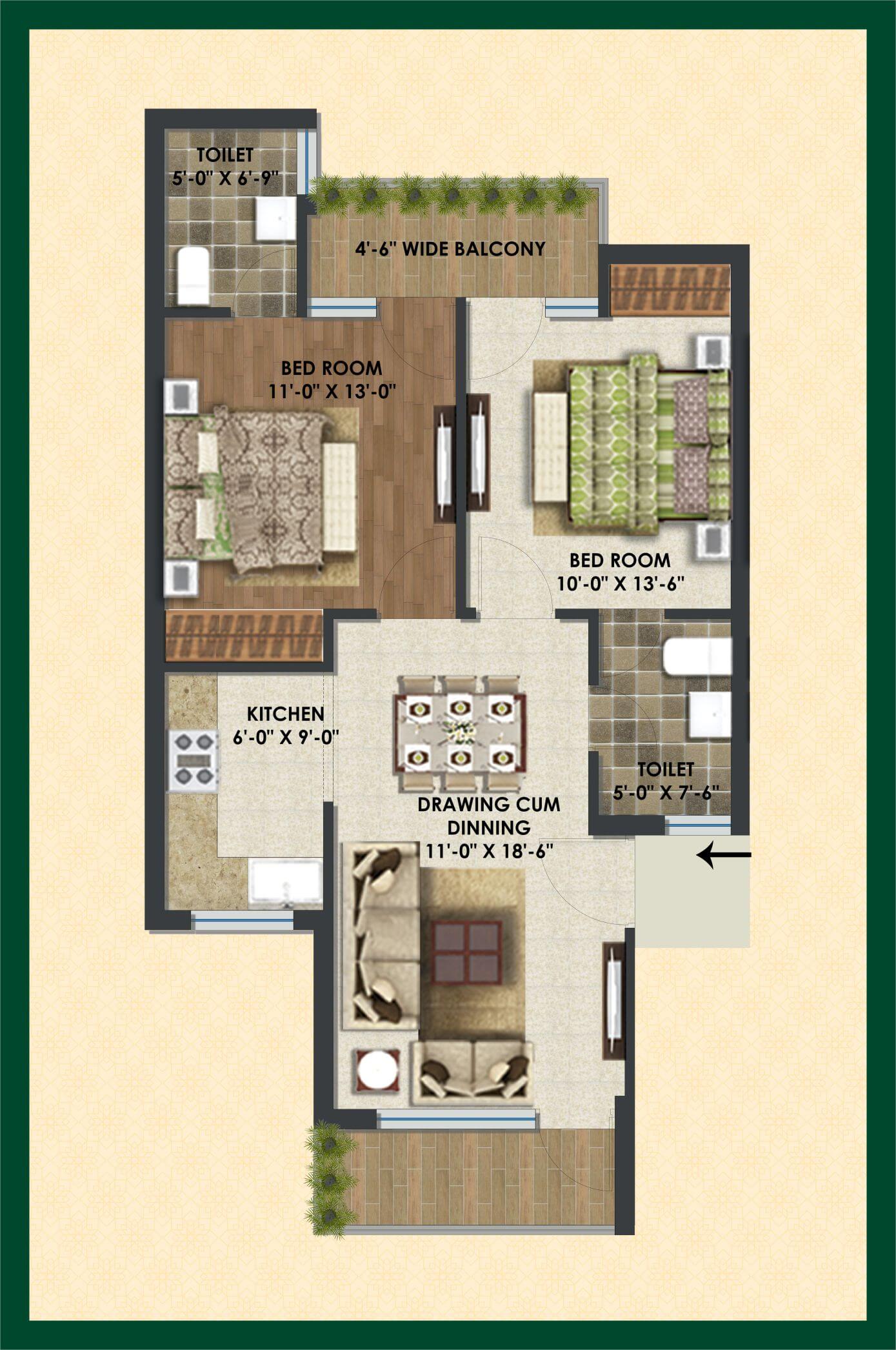 Floor plan of 2 BHK 860 Sq. Ft. Apartment in City Of Dreams, Chandigarh