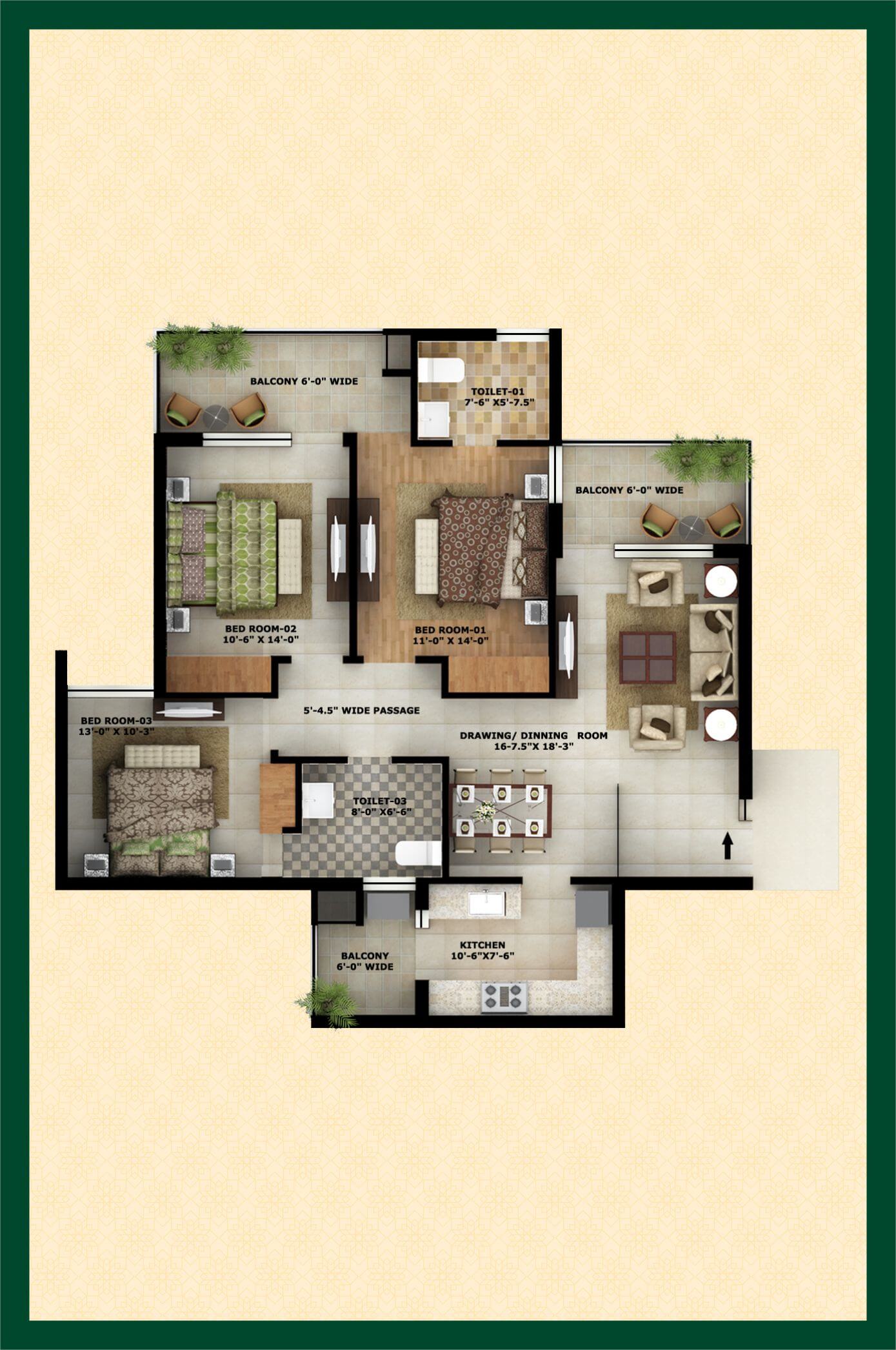 Floor plan of 3 BHK 1534 Sq. Ft. Apartment in City Of Dreams, Chandigarh