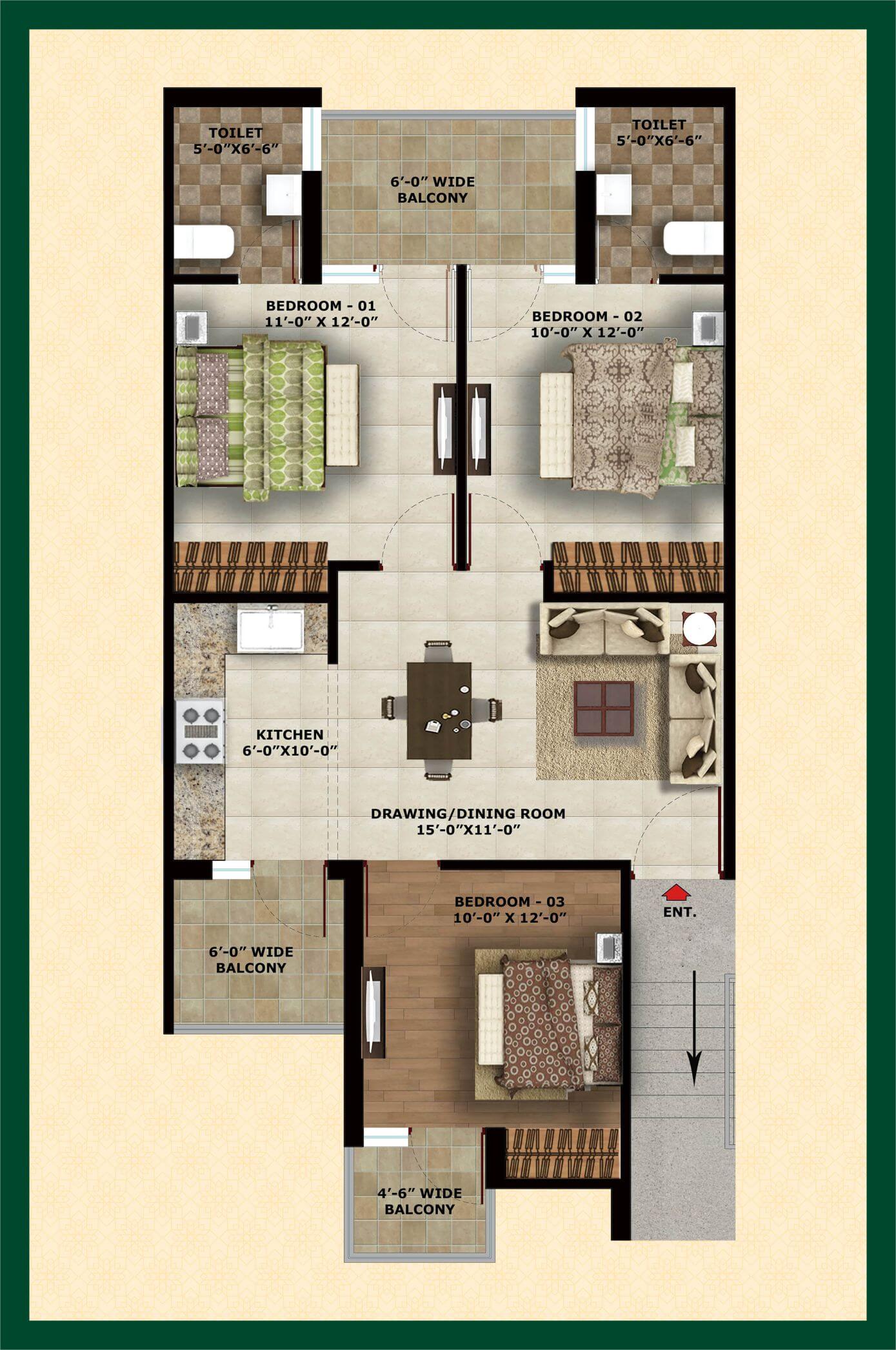 Floor plan of 3 BHK 925 Sq. Ft. Apartment in City Of Dreams, Chandigarh