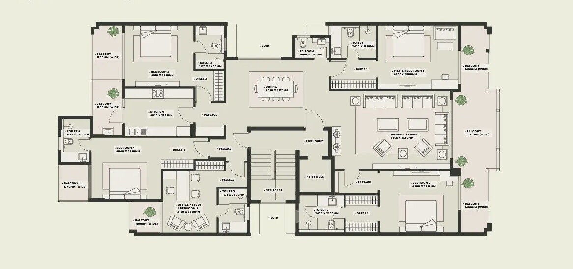 Floor plan of 4 BHK 3700 Sq. Ft. Ind Floor in DLF The Valley Gardens, Chandigarh