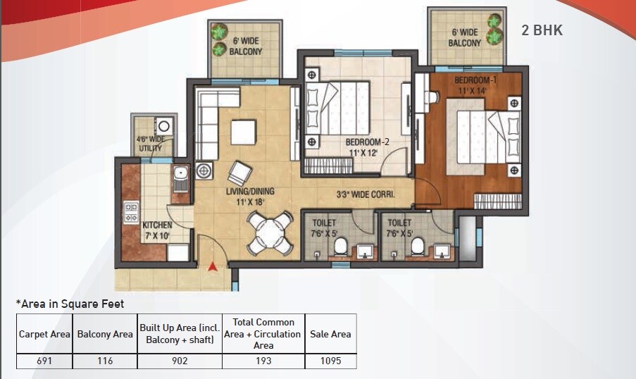Floor plan of 2 BHK 691 Sq. Ft. Apartment in Hero Homes, Chandigarh