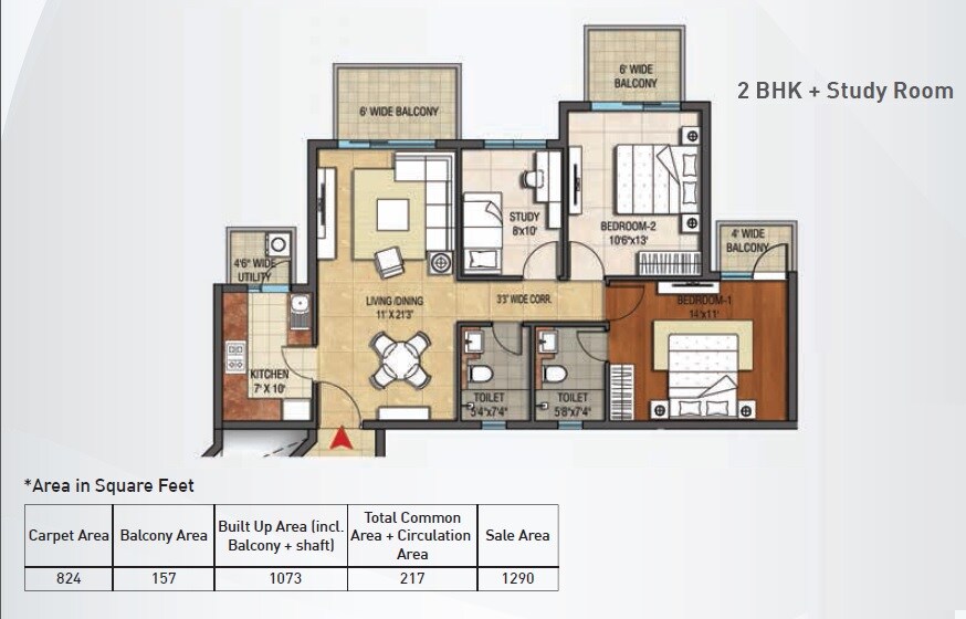 Floor plan of 2 BHK 824 Sq. Ft. Apartment in Hero Homes, Chandigarh