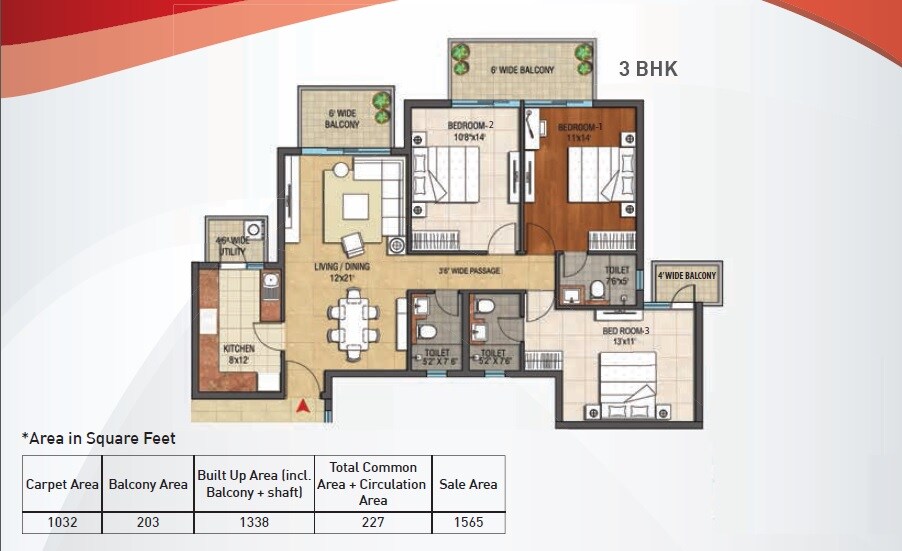 Floor plan of 3 BHK 1032 Sq. Ft. Apartment in Hero Homes, Chandigarh